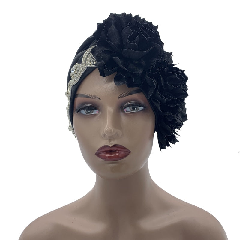 Rhinestones Turban Hat with Side Satin Ruffles