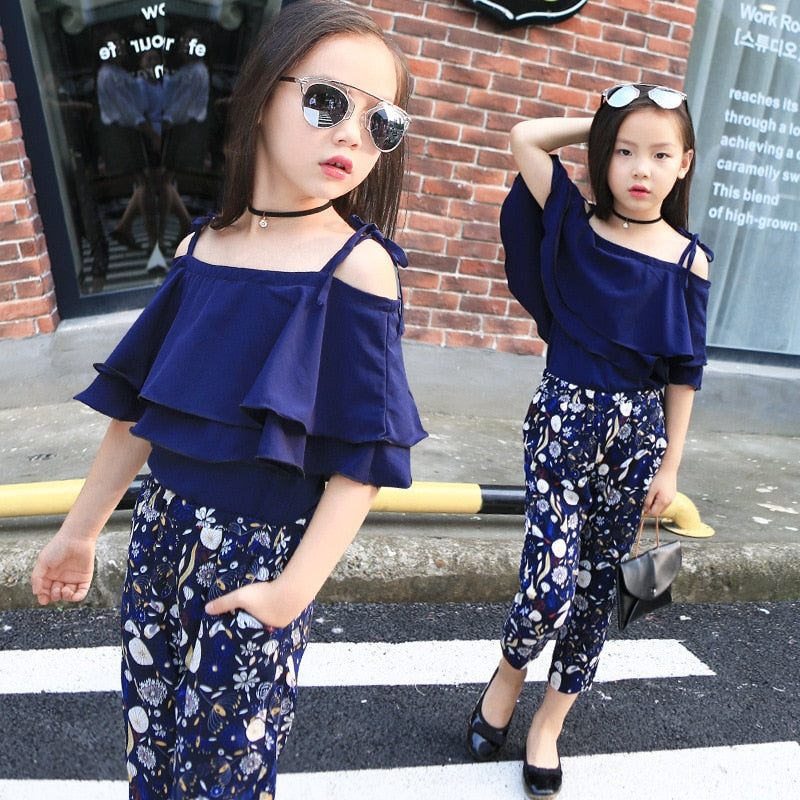 Girls Off Shoulder Top and Floral Pants Sets