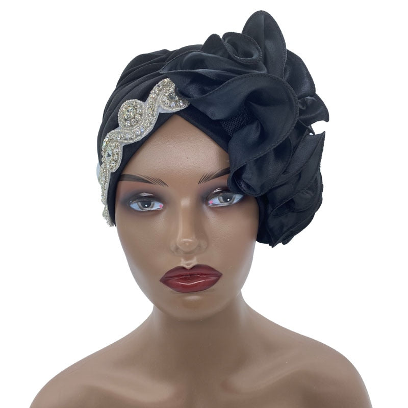 Rhinestones Turban Hat with Side Satin Ruffles