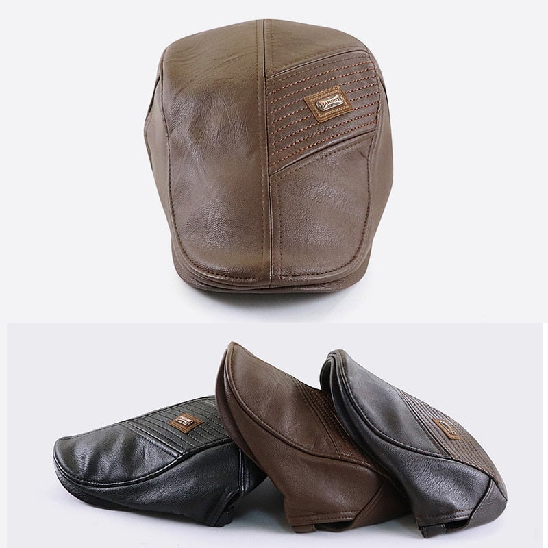 Faux Leather Duckbill Newsboy Herringbone Cap