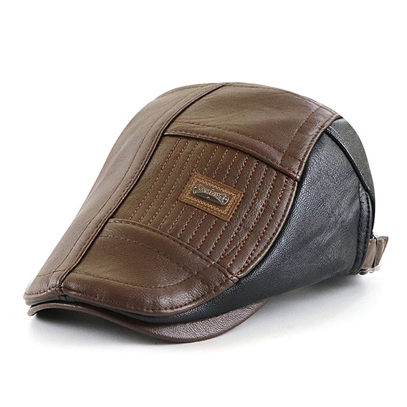 Faux Leather Duckbill Newsboy Herringbone Cap