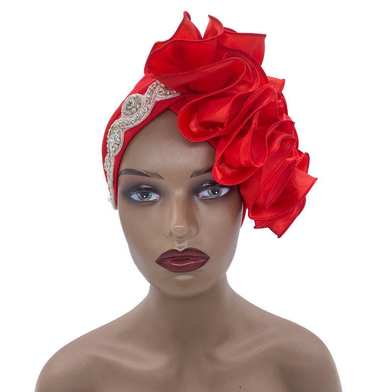 Rhinestones Turban Hat with Side Satin Ruffles