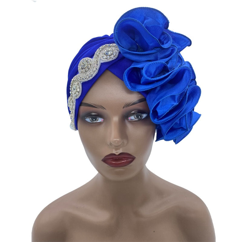 Rhinestones Turban Hat with Side Satin Ruffles