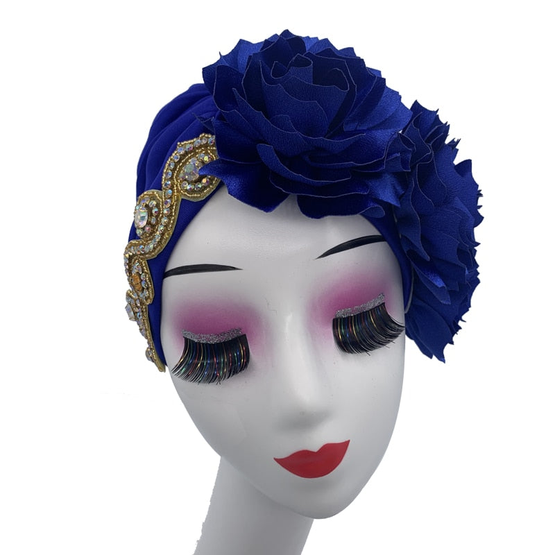 Rhinestones Turban Hat with Side Satin Ruffles