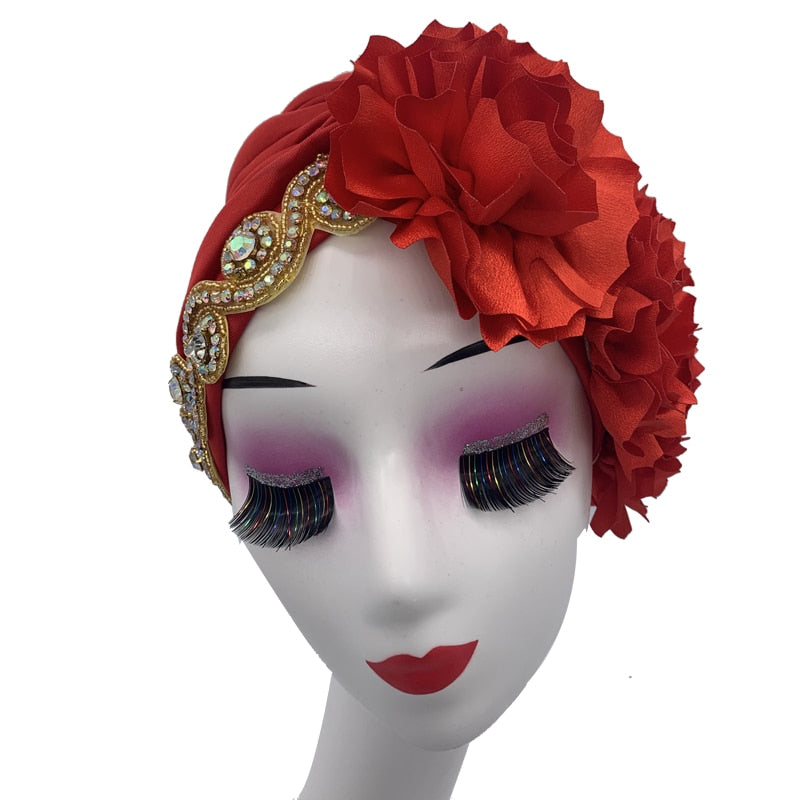 Rhinestones Turban Hat with Side Satin Ruffles