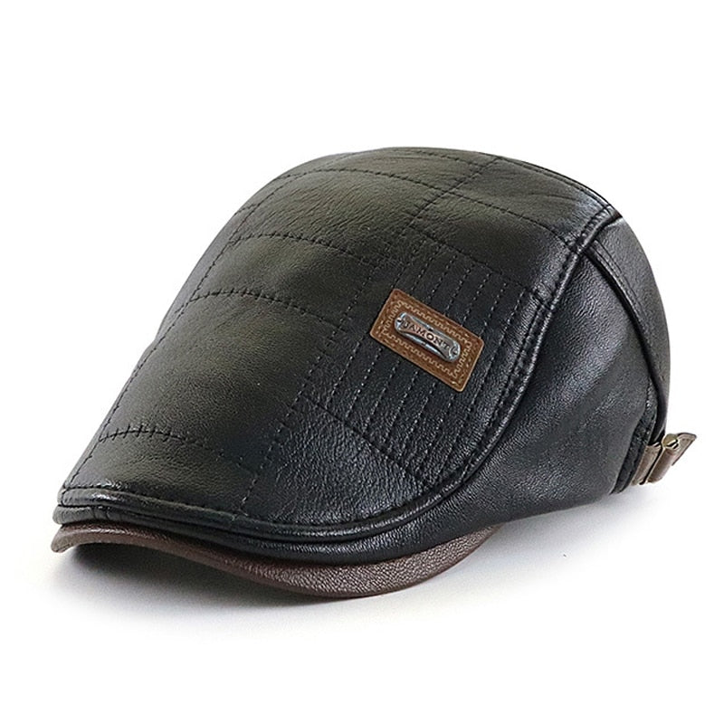 Faux Leather Duckbill Newsboy Herringbone Cap