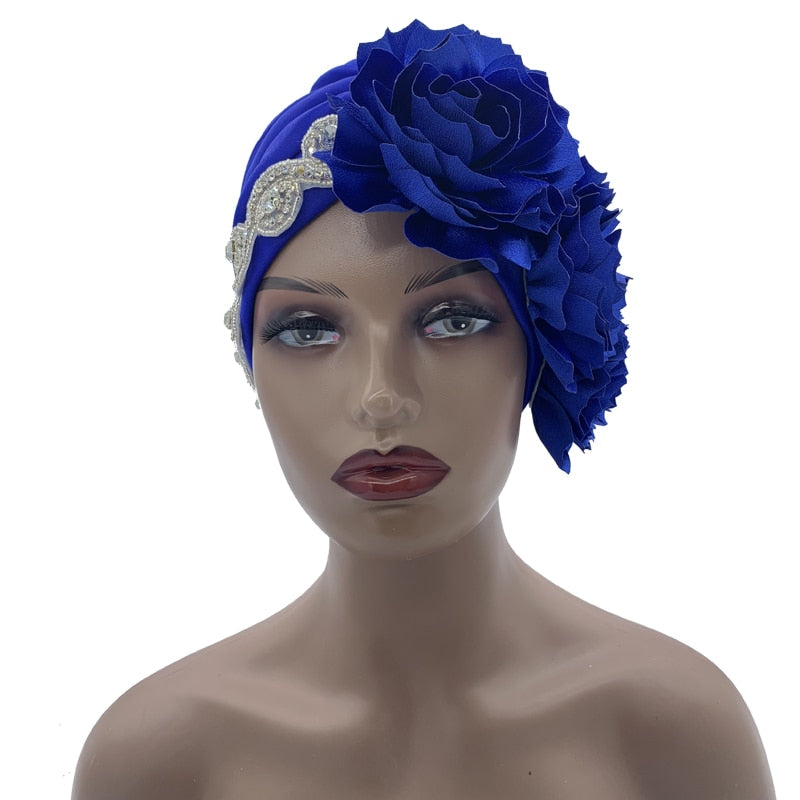 Rhinestones Turban Hat with Side Satin Ruffles