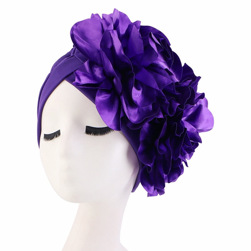 Rhinestones Turban Hat with Side Satin Ruffles