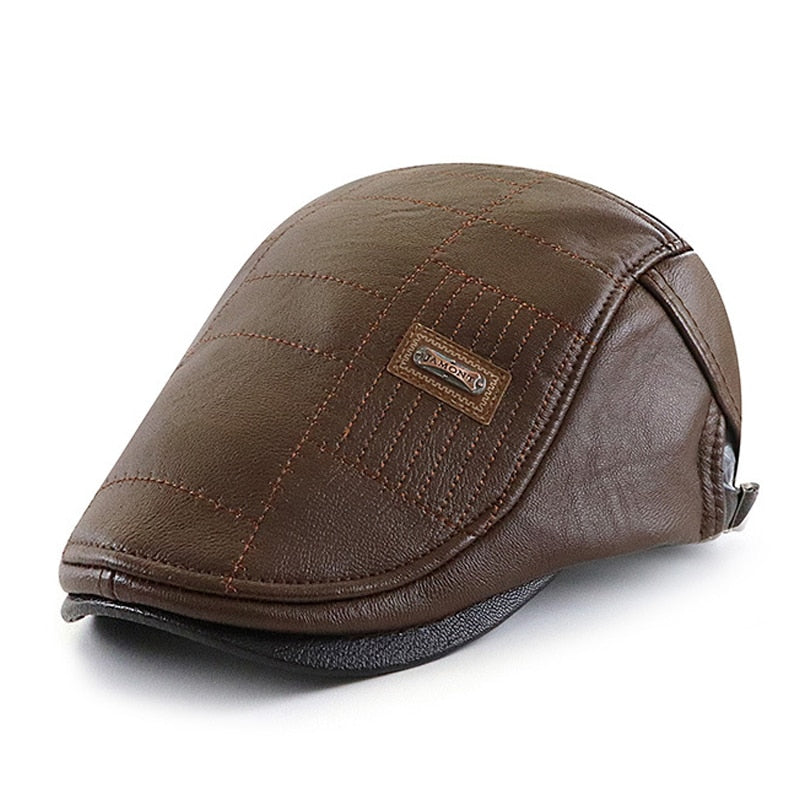 Faux Leather Duckbill Newsboy Herringbone Cap