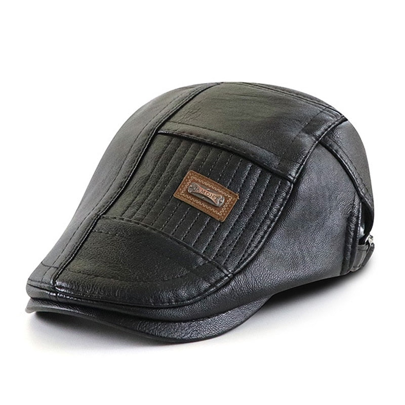 Faux Leather Duckbill Newsboy Herringbone Cap