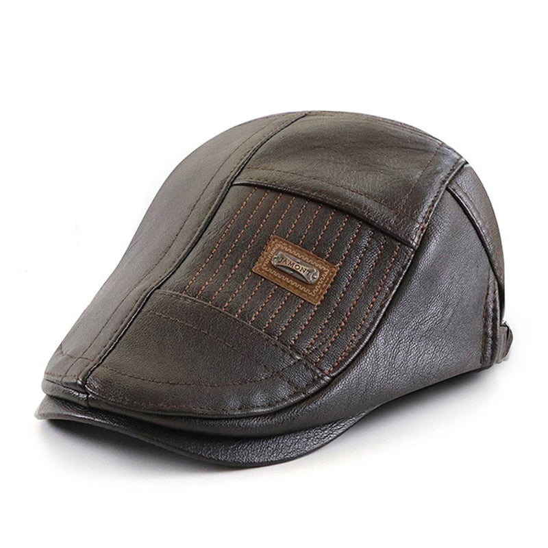 Faux Leather Duckbill Newsboy Herringbone Cap