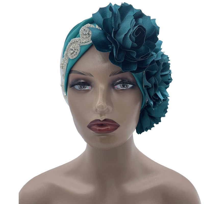 Rhinestones Turban Hat with Side Satin Ruffles