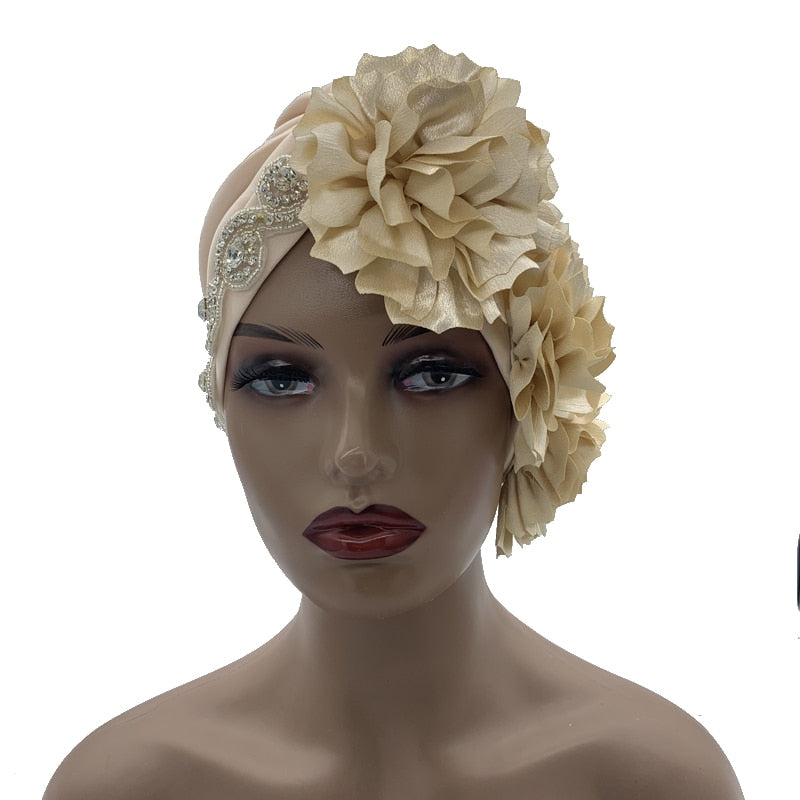 Rhinestones Turban Hat with Side Satin Ruffles