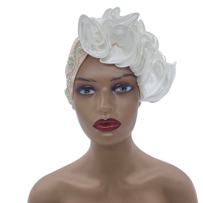 Rhinestones Turban Hat with Side Satin Ruffles