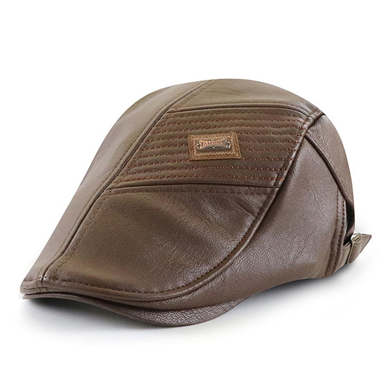 Faux Leather Duckbill Newsboy Herringbone Cap