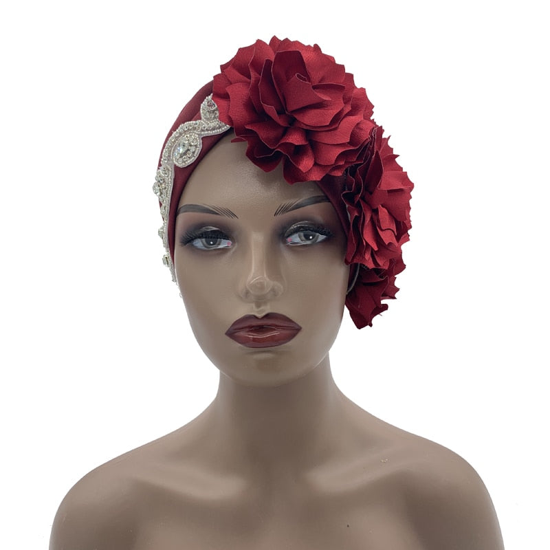 Rhinestones Turban Hat with Side Satin Ruffles