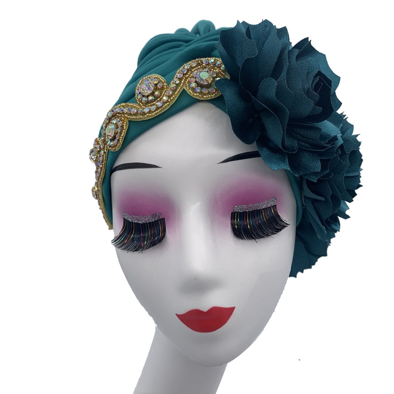 Rhinestones Turban Hat with Side Satin Ruffles