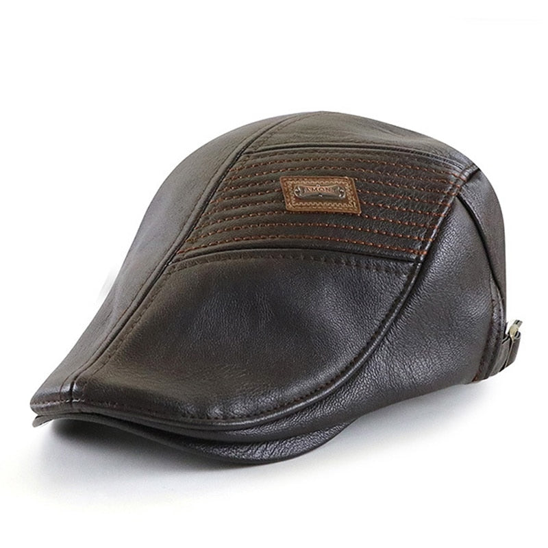 Faux Leather Duckbill Newsboy Herringbone Cap