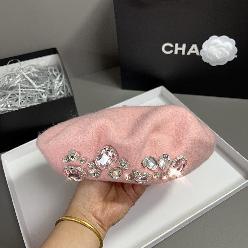 French Luxury Rhinestone Beret Cap