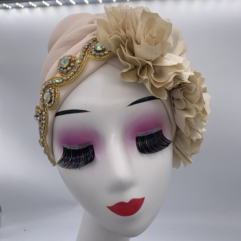 Rhinestones Turban Hat with Side Satin Ruffles