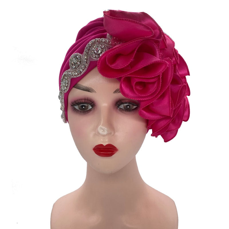 Rhinestones Turban Hat with Side Satin Ruffles