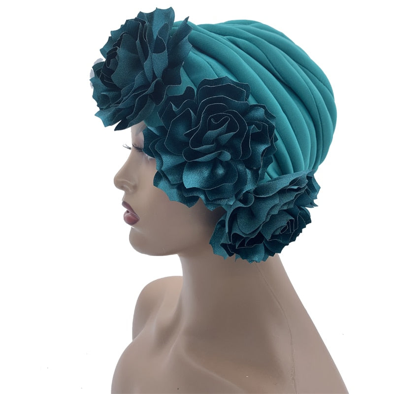 Rhinestones Turban Hat with Side Satin Ruffles