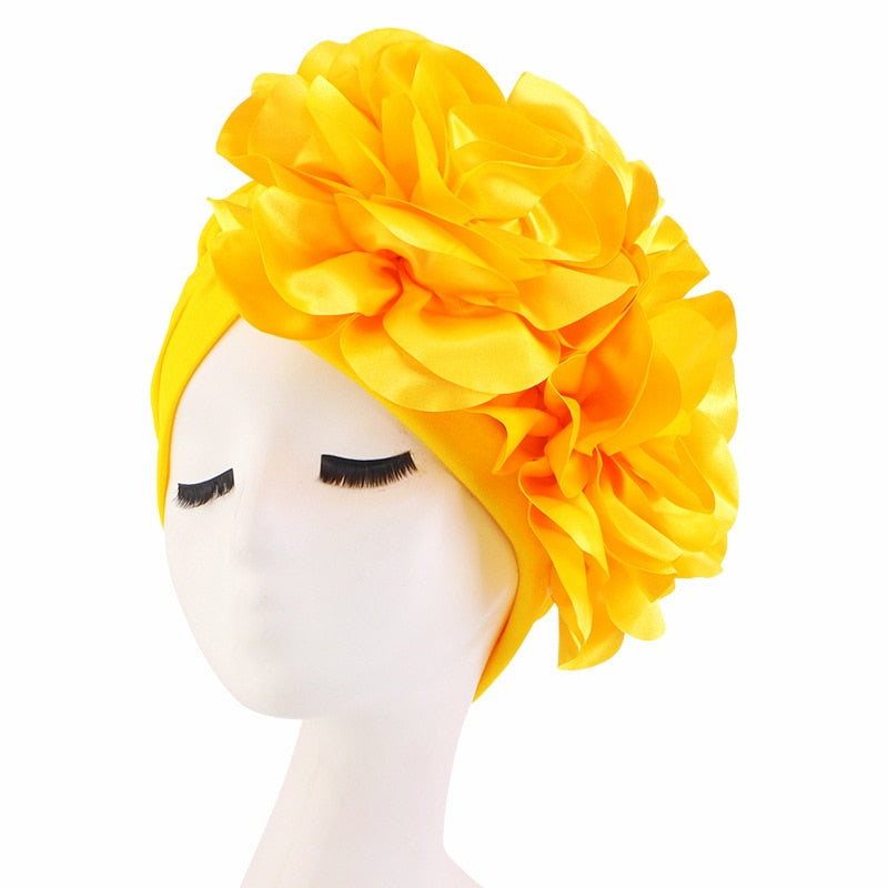 Rhinestones Turban Hat with Side Satin Ruffles