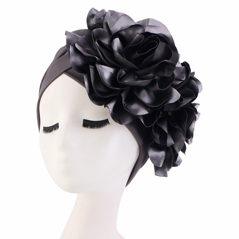 Rhinestones Turban Hat with Side Satin Ruffles