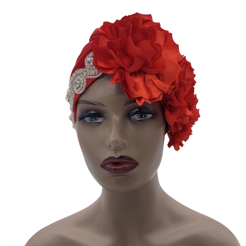 Rhinestones Turban Hat with Side Satin Ruffles