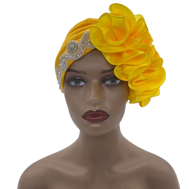 Rhinestones Turban Hat with Side Satin Ruffles