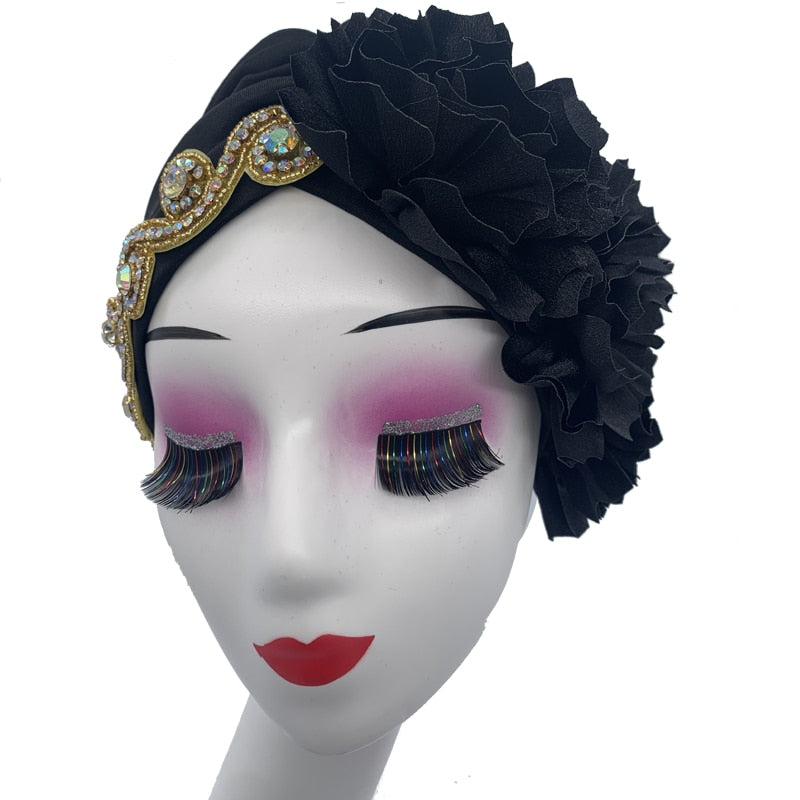 Rhinestones Turban Hat with Side Satin Ruffles