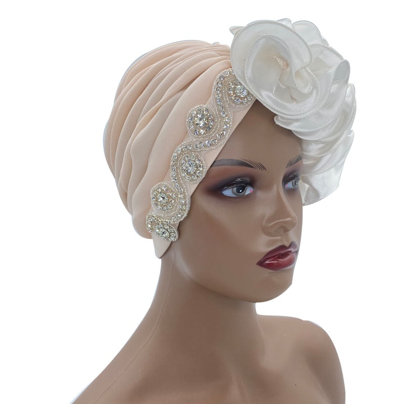 Rhinestones Turban Hat with Side Satin Ruffles