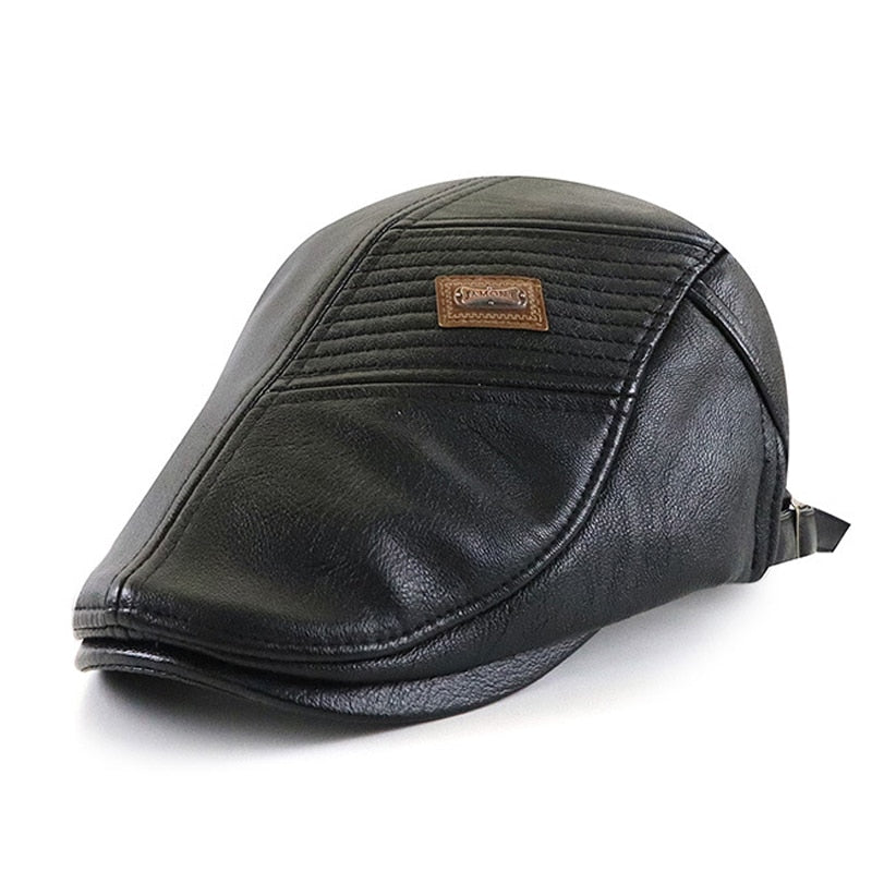 Faux Leather Duckbill Newsboy Herringbone Cap