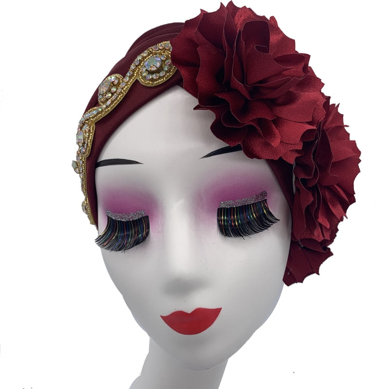 Rhinestones Turban Hat with Side Satin Ruffles