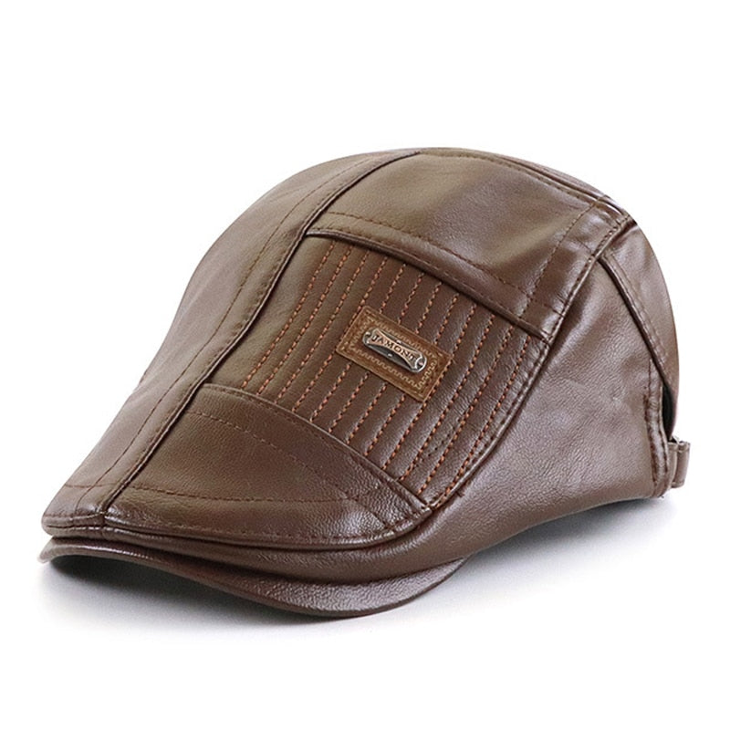 Faux Leather Duckbill Newsboy Herringbone Cap