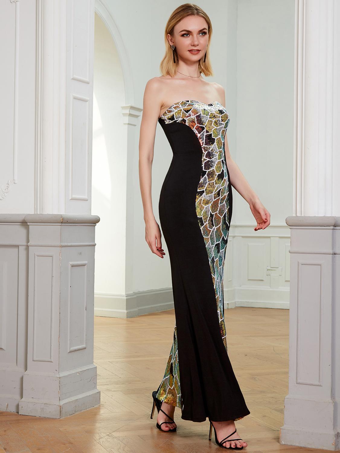 `Long Strapless Sequin Mermaid Evening Gown