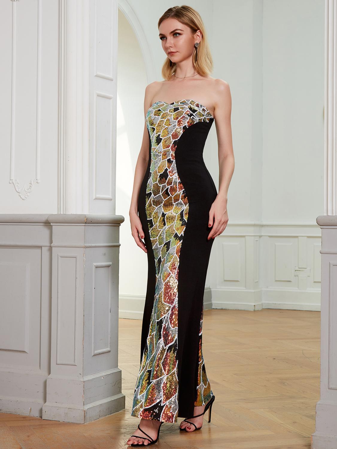 `Long Strapless Sequin Mermaid Evening Gown