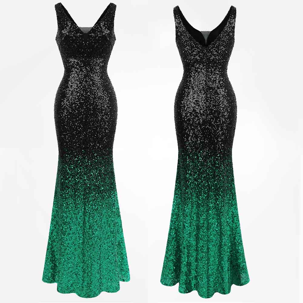 Mermaid Contrast Sequin V Neck Gown