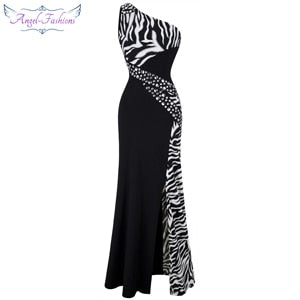 One Shoulder Zebra Gemstones Stitching Evening Gown