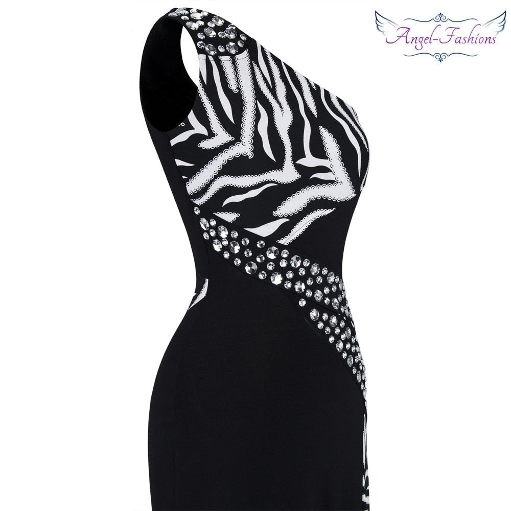 One Shoulder Zebra Gemstones Stitching Evening Gown