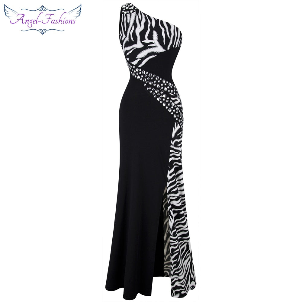 One Shoulder Zebra Gemstones Stitching Evening Gown