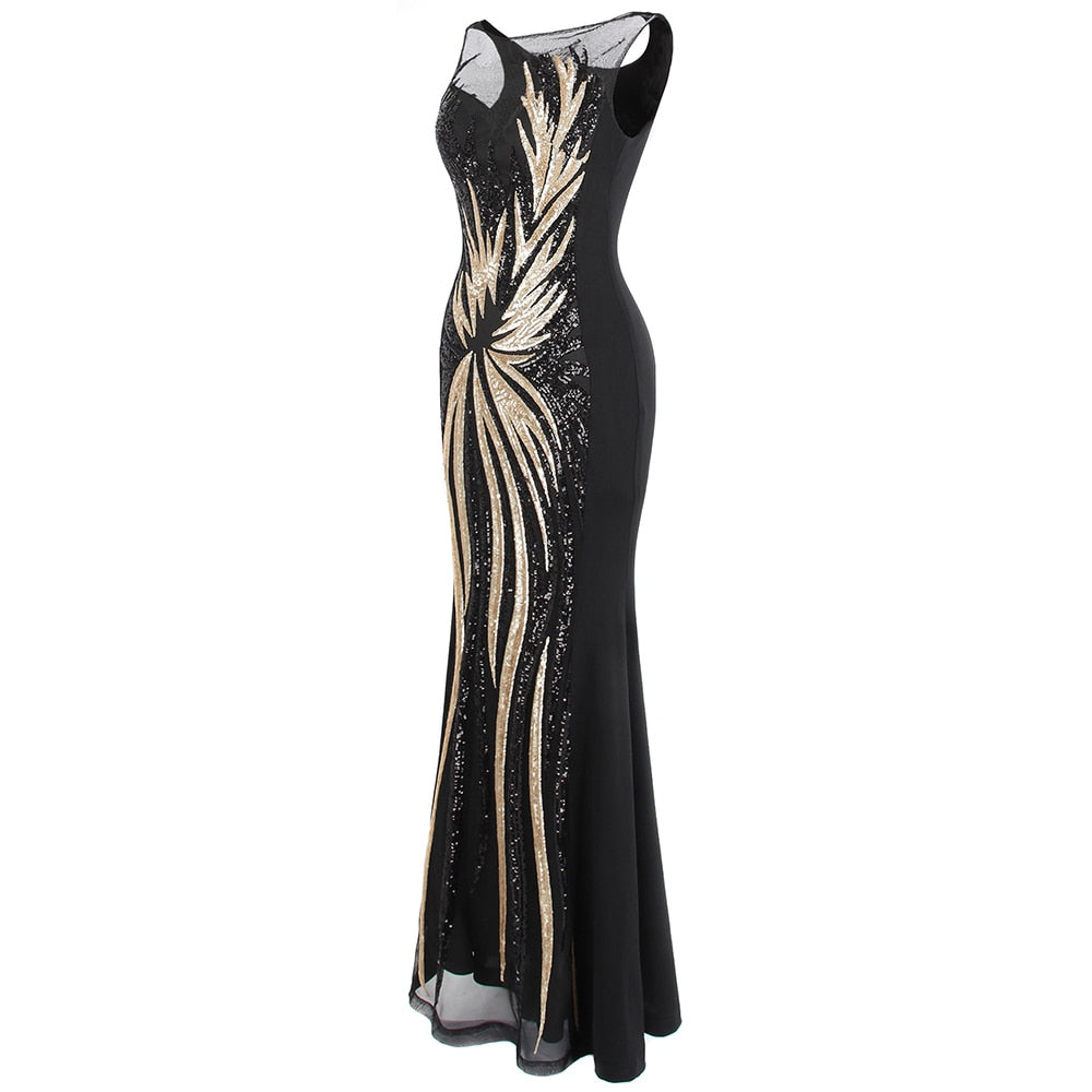 Sheer Round Neck Vintage Sequin Gown