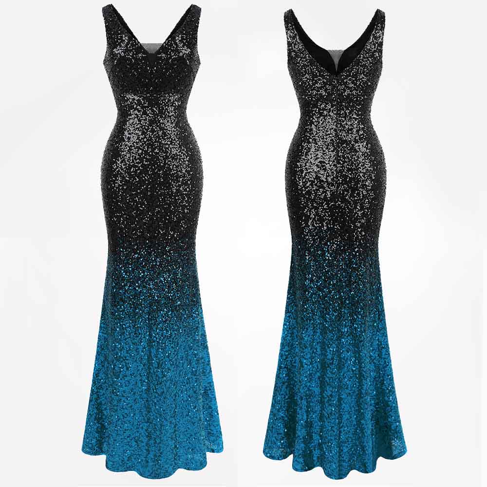 Mermaid Contrast Sequin V Neck Gown