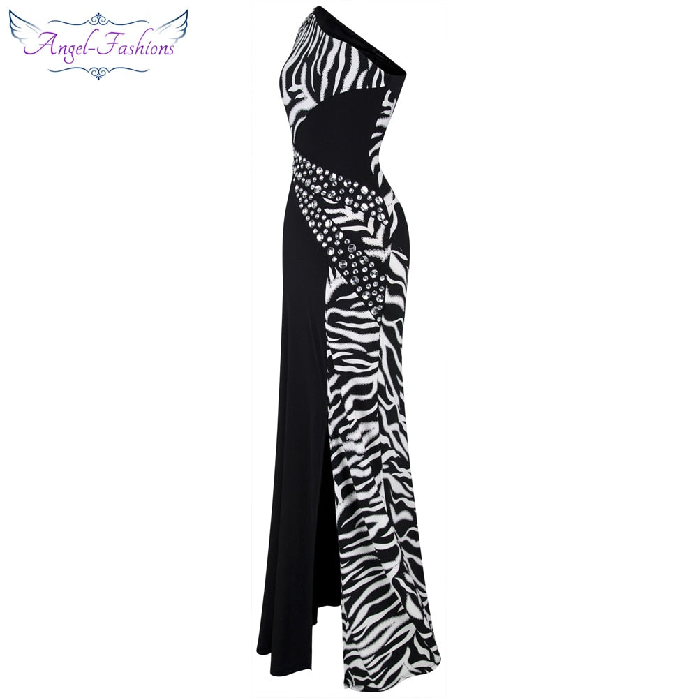 One Shoulder Zebra Gemstones Stitching Evening Gown