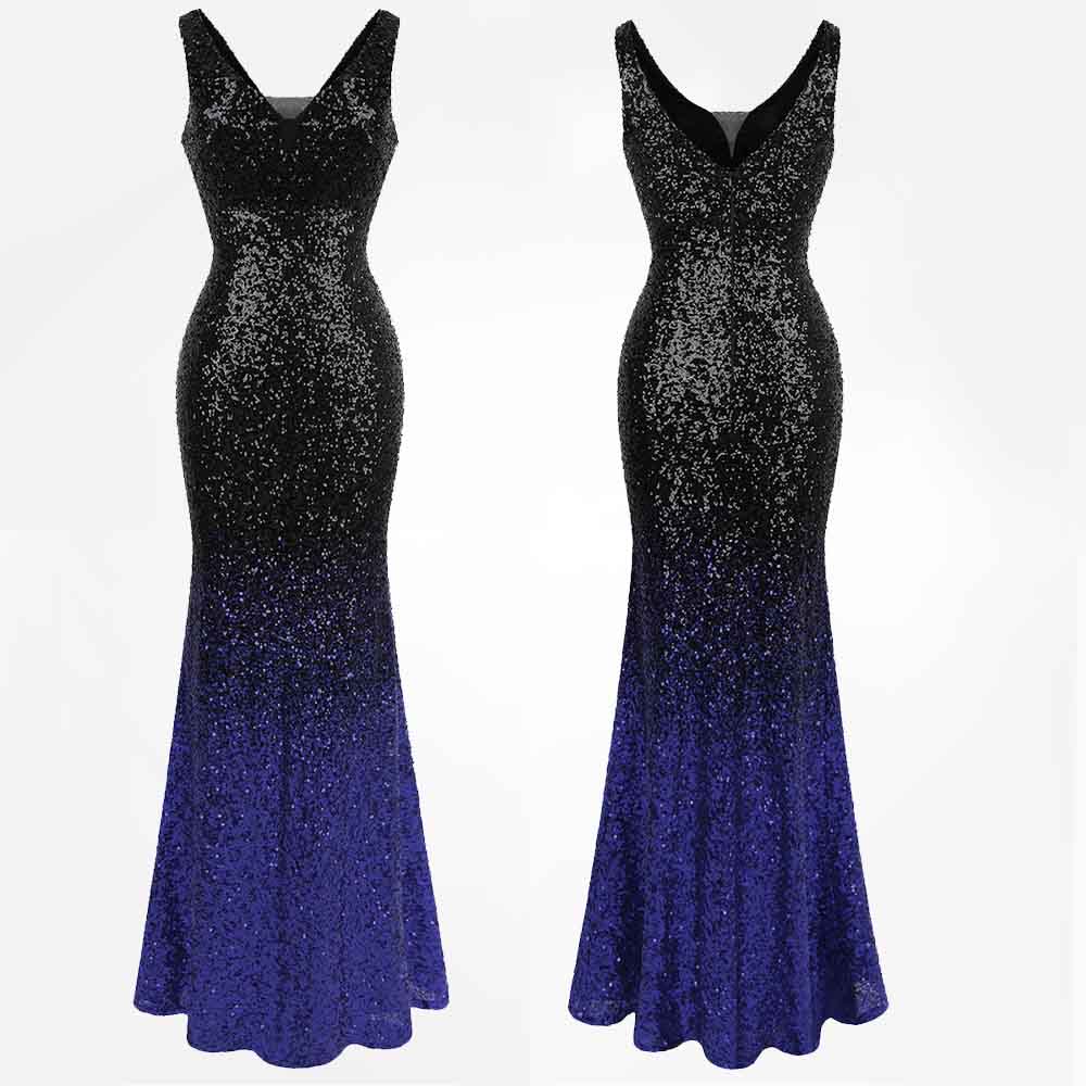 Mermaid Contrast Sequin V Neck Gown