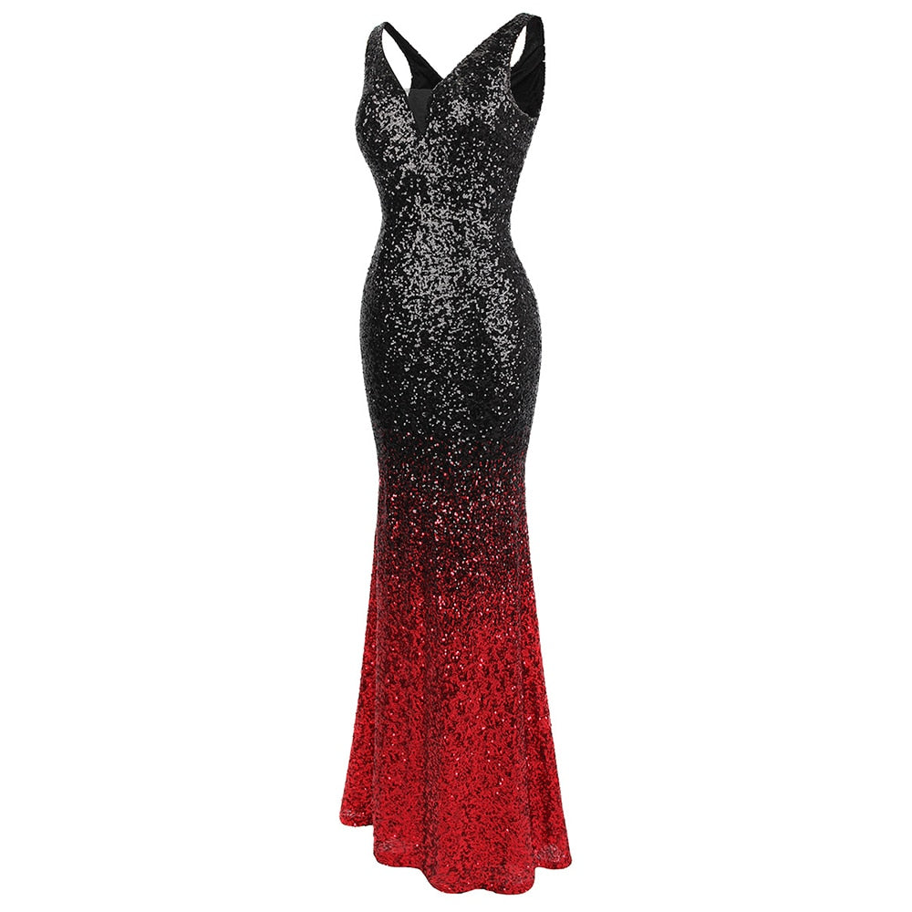 Mermaid Contrast Sequin V Neck Gown