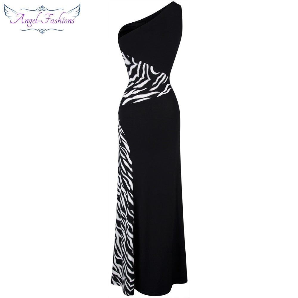 One Shoulder Zebra Gemstones Stitching Evening Gown