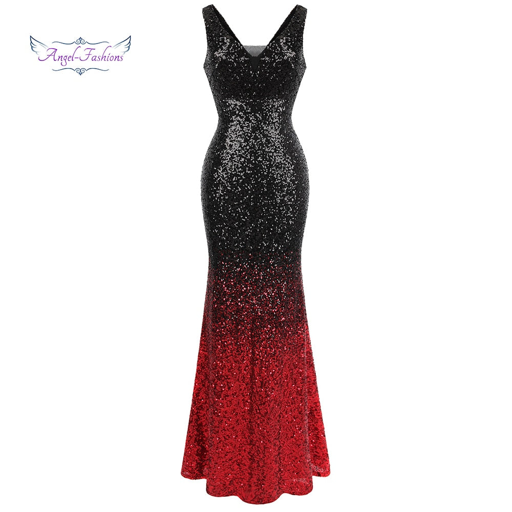 Mermaid Contrast Sequin V Neck Gown