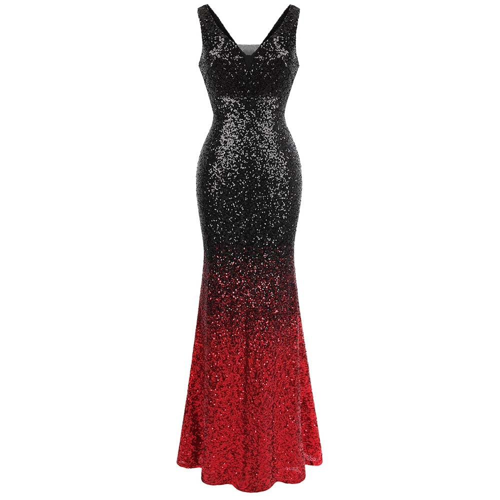 Mermaid Contrast Sequin V Neck Gown