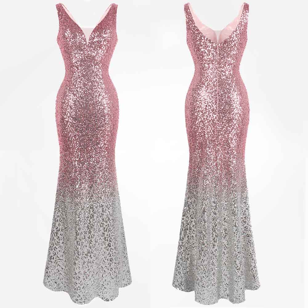 Mermaid Contrast Sequin V Neck Gown